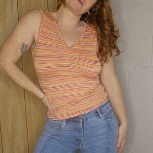 y2k Sporty Beachy Coastal Pink & Yellow Striped Sleeveless Tank Top Blouse